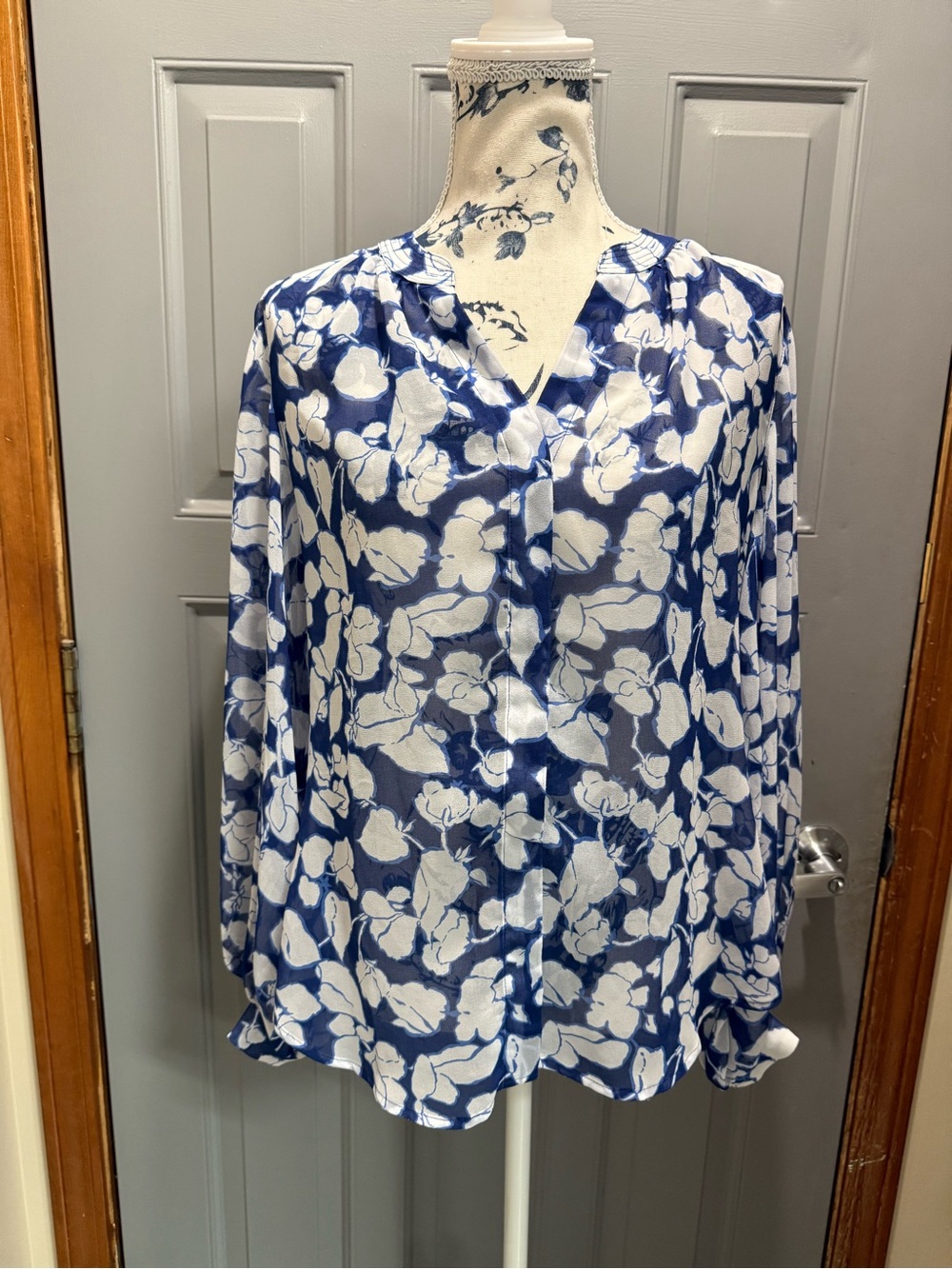 Chico's - Blue and White Floral V-Neck semi sheer Blouse (small)